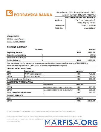 Downloadable Croatia Podravska bank statement excel example